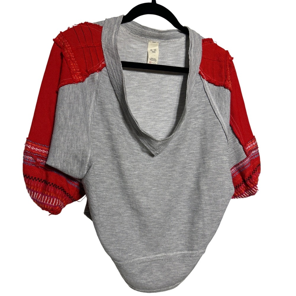We The Free Distressed‎ Red Sleeve Thermal Knit Top XS V Neck Boho